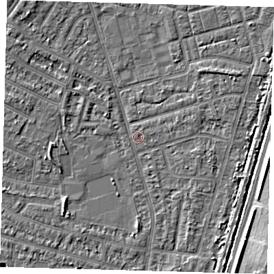 Shaded relief map of the ground around N98PY, computed from Environment Agency LiDAR. The ground here sits at about 12 m above sea level and falls 5 m across the surrounding 800 m. Surface water reaching this point runs off ground lying to the north-west, 3.2 m higher.