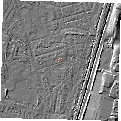 Shaded relief map of the ground around N98QA, computed from Environment Agency LiDAR. The ground here sits at about 13 m above sea level and falls 7 m across the surrounding 800 m. The ground contributing surface water to this point lies to the north-north-west.