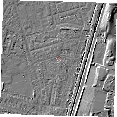 Shaded relief map of the ground around N98QB, computed from Environment Agency LiDAR. The ground here sits at about 13 m above sea level and falls 8 m across the surrounding 800 m. Surface water reaching this point runs off ground lying to the south-south-east, 0.8 m higher.