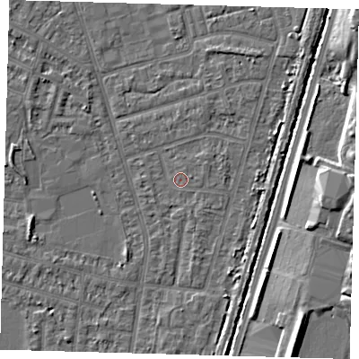 Shaded relief map of the ground around N98QD, computed from Environment Agency LiDAR. The ground here sits at about 12 m above sea level and falls 8 m across the surrounding 800 m. Surface water reaching this point runs off ground lying to the east-north-east, 1.3 m higher.