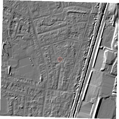 Shaded relief map of the ground around N98QG, computed from Environment Agency LiDAR. The ground here sits at about 12 m above sea level and falls 8 m across the surrounding 800 m. Surface water reaching this point runs off ground lying to the north-east, 1.2 m higher.