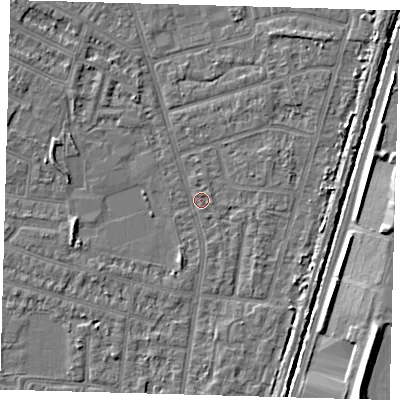 Shaded relief map of the ground around N98QH, computed from Environment Agency LiDAR. The ground here sits at about 12 m above sea level and falls 8 m across the surrounding 800 m. Surface water reaching this point runs off ground lying to the north-west, 2.5 m higher.