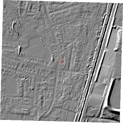 Shaded relief map of the ground around N98QJ, computed from Environment Agency LiDAR. The ground here sits at about 12 m above sea level and falls 9 m across the surrounding 800 m. Surface water reaching this point runs off ground lying to the west-north-west, 2.5 m higher.