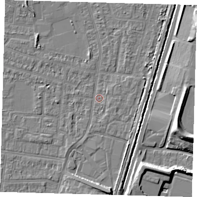 Shaded relief map of the ground around N98QL, computed from Environment Agency LiDAR. The ground here sits at about 12 m above sea level and falls 10 m across the surrounding 800 m. Surface water reaching this point runs off ground lying to the south, 6.7 m higher.