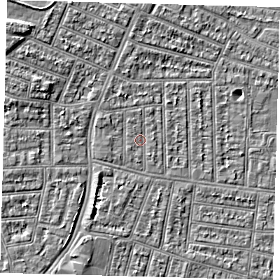 Shaded relief map of the ground around N98QY, computed from Environment Agency LiDAR. The ground here sits at about 13 m above sea level and falls 7 m across the surrounding 800 m. Surface water reaching this point runs off ground lying to the west-north-west, 1.4 m higher.