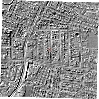 Shaded relief map of the ground around N98RA, computed from Environment Agency LiDAR. The ground here sits at about 13 m above sea level and falls 6 m across the surrounding 800 m. Surface water reaching this point runs off ground lying to the west-north-west, 4.6 m higher.