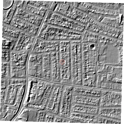 Shaded relief map of the ground around N98RB, computed from Environment Agency LiDAR. The ground here sits at about 13 m above sea level and falls 5 m across the surrounding 800 m. Surface water reaching this point runs off ground lying to the west, 4.4 m higher.