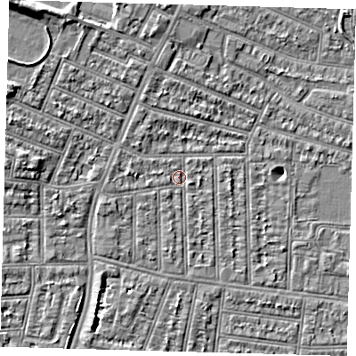Shaded relief map of the ground around N98RD, computed from Environment Agency LiDAR. The ground here sits at about 13 m above sea level and falls 8 m across the surrounding 800 m. Surface water reaching this point runs off ground lying to the west, 4.6 m higher.