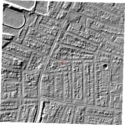Shaded relief map of the ground around N98RE, computed from Environment Agency LiDAR. The ground here sits at about 13 m above sea level and falls 8 m across the surrounding 800 m. Surface water reaching this point runs off ground lying to the north-west, 5.5 m higher.