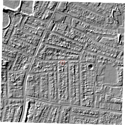 Shaded relief map of the ground around N98RH, computed from Environment Agency LiDAR. The ground here sits at about 13 m above sea level and falls 7 m across the surrounding 800 m. Surface water reaching this point runs off ground lying to the north-west, 6.8 m higher.