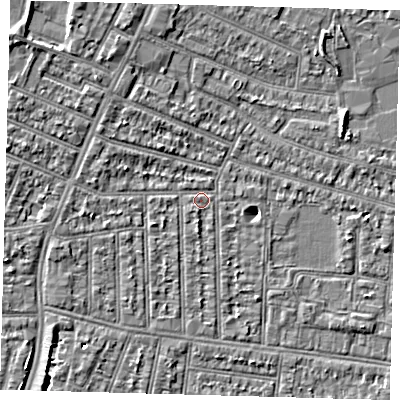 Shaded relief map of the ground around N98RJ, computed from Environment Agency LiDAR. The ground here sits at about 13 m above sea level and falls 5 m across the surrounding 800 m. Surface water reaching this point runs off ground lying to the west-north-west, 4.3 m higher.