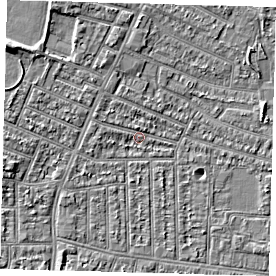 Shaded relief map of the ground around N98RL, computed from Environment Agency LiDAR. The ground here sits at about 13 m above sea level and falls 7 m across the surrounding 800 m. Surface water reaching this point runs off ground lying to the west, 1.8 m higher.