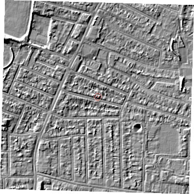 Shaded relief map of the ground around N98RN, computed from Environment Agency LiDAR. The ground here sits at about 13 m above sea level and falls 7 m across the surrounding 800 m. Surface water reaching this point runs off ground lying to the west, 1.5 m higher.
