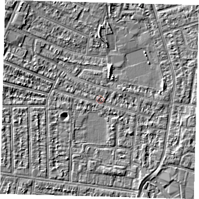 Shaded relief map of the ground around N98RP, computed from Environment Agency LiDAR. The ground here sits at about 12 m above sea level and falls 4 m across the surrounding 800 m. Surface water reaching this point runs off ground lying to the west-north-west, 2.4 m higher.