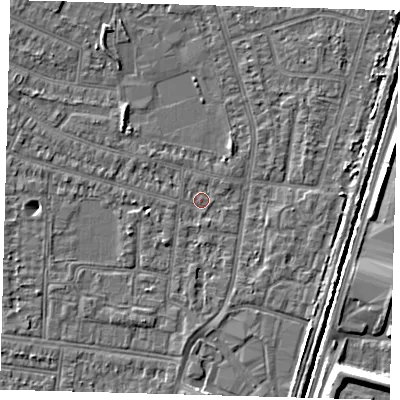 Shaded relief map of the ground around N98RR, computed from Environment Agency LiDAR. The ground here sits at about 12 m above sea level and falls 7 m across the surrounding 800 m. Surface water reaching this point runs off ground lying to the south-south-west, 1.7 m higher.