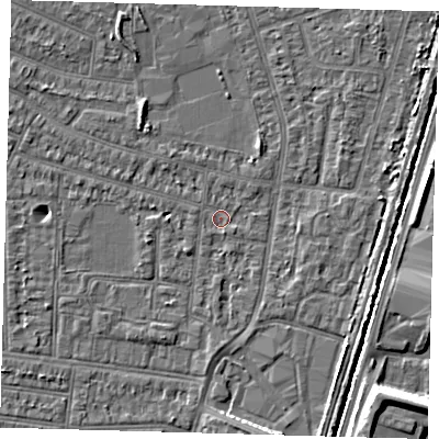 Shaded relief map of the ground around N98RS, computed from Environment Agency LiDAR. The ground here sits at about 12 m above sea level and falls 8 m across the surrounding 800 m. Surface water reaching this point runs off ground lying to the south-south-west, 1.7 m higher.