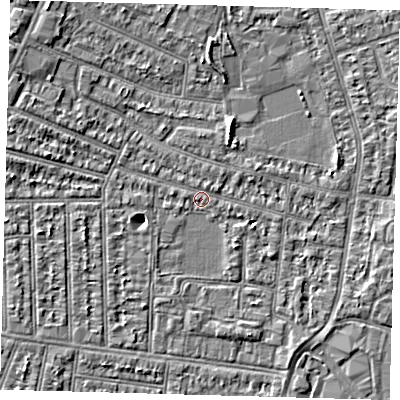 Shaded relief map of the ground around N98RT, computed from Environment Agency LiDAR. The ground here sits at about 12 m above sea level and falls 4 m across the surrounding 800 m. Surface water reaching this point runs off ground lying to the west-north-west, 2.4 m higher.