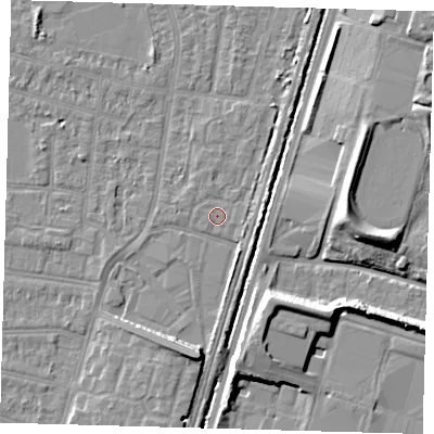 Shaded relief map of the ground around N98UB, computed from Environment Agency LiDAR. The ground here sits at about 12 m above sea level and falls 10 m across the surrounding 800 m. Surface water reaching this point runs off ground lying to the north-east, 2.1 m higher.