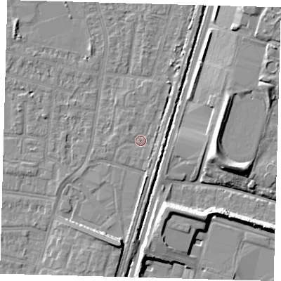Shaded relief map of the ground around N98UD, computed from Environment Agency LiDAR. The ground here sits at about 12 m above sea level and falls 10 m across the surrounding 800 m. Surface water reaching this point runs off ground lying to the east-north-east, 2.1 m higher.