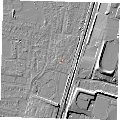 Shaded relief map of the ground around N98UE, computed from Environment Agency LiDAR. The ground here sits at about 12 m above sea level and falls 10 m across the surrounding 800 m. Surface water reaching this point runs off ground lying to the north-north-east, 0.7 m higher.