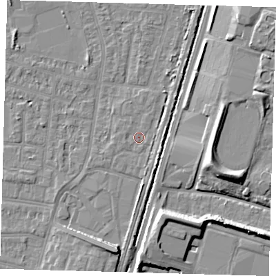 Shaded relief map of the ground around N98UF, computed from Environment Agency LiDAR. The ground here sits at about 12 m above sea level and falls 10 m across the surrounding 800 m. Surface water reaching this point runs off ground lying to the east, 2.1 m higher.
