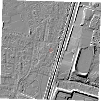 Shaded relief map of the ground around N98UG, computed from Environment Agency LiDAR. The ground here sits at about 12 m above sea level and falls 10 m across the surrounding 800 m. Surface water reaching this point runs off ground lying to the north-east, 0.6 m higher.