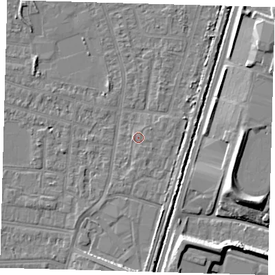 Shaded relief map of the ground around N98UH, computed from Environment Agency LiDAR. The ground here sits at about 12 m above sea level and falls 10 m across the surrounding 800 m. Surface water reaching this point runs off ground lying to the south-east, 0.7 m higher.