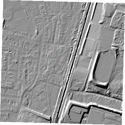 Shaded relief map of the ground around N98UJ, computed from Environment Agency LiDAR. The ground here sits at about 13 m above sea level and falls 10 m across the surrounding 800 m. Surface water reaching this point runs off ground lying to the east-north-east, 2.1 m higher.