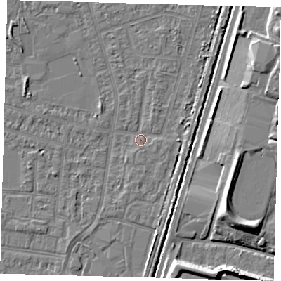 Shaded relief map of the ground around N98UL, computed from Environment Agency LiDAR. The ground here sits at about 12 m above sea level and falls 9 m across the surrounding 800 m. Surface water reaching this point runs off ground lying to the east-north-east, 3.0 m higher.