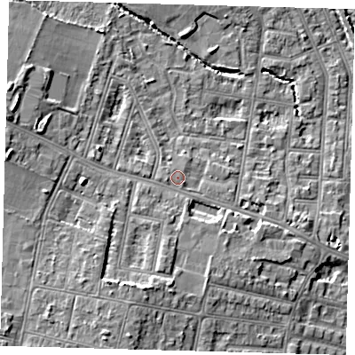 Shaded relief map of the ground around N99AA, computed from Environment Agency LiDAR. The ground here sits at about 18 m above sea level and falls 10 m across the surrounding 800 m. Surface water reaching this point runs off ground lying to the west-south-west, 0.7 m higher.