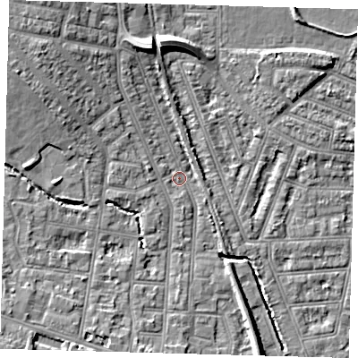 Shaded relief map of the ground around N99DD, computed from Environment Agency LiDAR. The ground here sits at about 16 m above sea level and falls 10 m across the surrounding 800 m. Surface water reaching this point runs off ground lying to the north-north-west, 7.4 m higher.