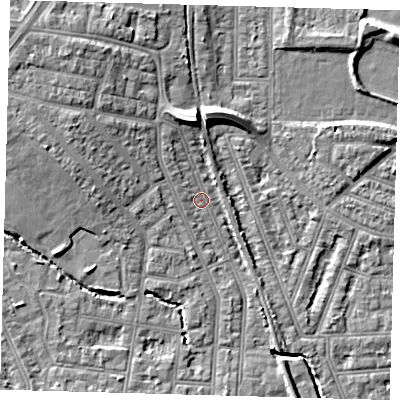 Shaded relief map of the ground around N99DF, computed from Environment Agency LiDAR. The ground here sits at about 17 m above sea level and falls 10 m across the surrounding 800 m. Surface water reaching this point runs off ground lying to the north-west, 1.6 m higher.