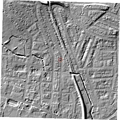 Shaded relief map of the ground around N99DH, computed from Environment Agency LiDAR. The ground here sits at about 16 m above sea level and falls 11 m across the surrounding 800 m. Surface water reaching this point runs off ground lying to the north-north-west, 7.4 m higher.