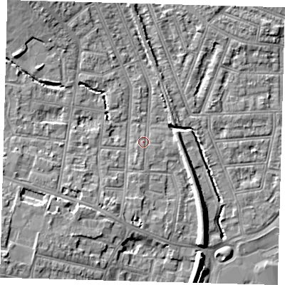 Shaded relief map of the ground around N99DL, computed from Environment Agency LiDAR. The ground here sits at about 16 m above sea level and falls 10 m across the surrounding 800 m. Surface water reaching this point runs off ground lying to the south, 1.1 m higher.