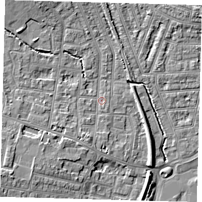 Shaded relief map of the ground around N99EB, computed from Environment Agency LiDAR. The ground here sits at about 16 m above sea level and falls 10 m across the surrounding 800 m. Surface water reaching this point runs off ground lying to the south-south-west, 2.9 m higher.