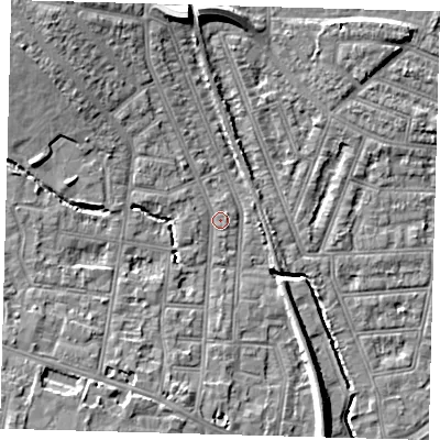 Shaded relief map of the ground around N99EE, computed from Environment Agency LiDAR. The ground here sits at about 16 m above sea level and falls 11 m across the surrounding 800 m. Surface water reaching this point runs off ground lying to the north-north-west, 5.5 m higher.