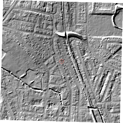 Shaded relief map of the ground around N99EF, computed from Environment Agency LiDAR. The ground here sits at about 17 m above sea level and falls 10 m across the surrounding 800 m. Surface water reaching this point runs off ground lying to the north-west, 5.7 m higher.