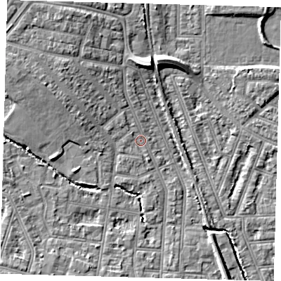 Shaded relief map of the ground around N99EX, computed from Environment Agency LiDAR. The ground here sits at about 17 m above sea level and falls 10 m across the surrounding 800 m. Surface water reaching this point runs off ground lying to the north-north-west, 6.1 m higher.