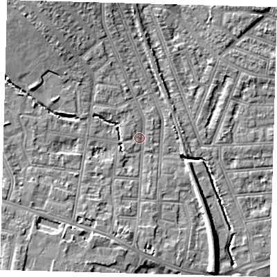 Shaded relief map of the ground around N99EY, computed from Environment Agency LiDAR. The ground here sits at about 16 m above sea level and falls 10 m across the surrounding 800 m. Surface water reaching this point runs off ground lying to the north-north-west, 5.0 m higher.