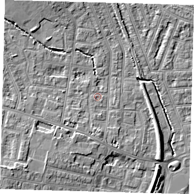 Shaded relief map of the ground around N99EZ, computed from Environment Agency LiDAR. The ground here sits at about 16 m above sea level and falls 11 m across the surrounding 800 m. Surface water reaching this point runs off ground lying to the west-south-west, 0.8 m higher.