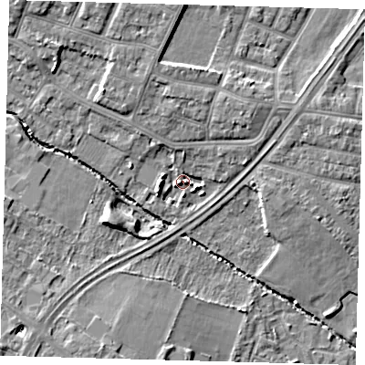 Shaded relief map of the ground around N99FA, computed from Environment Agency LiDAR. The ground here sits at about 19 m above sea level and falls 10 m across the surrounding 800 m. Surface water reaching this point runs off ground lying to the north, 5.2 m higher.