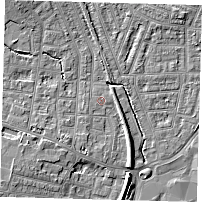 Shaded relief map of the ground around N99GA, computed from Environment Agency LiDAR. The ground here sits at about 16 m above sea level and falls 9 m across the surrounding 800 m. Surface water reaching this point runs off ground lying to the east-north-east, 1.8 m higher.