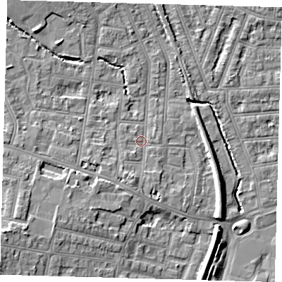 Shaded relief map of the ground around N99HA, computed from Environment Agency LiDAR. The ground here sits at about 16 m above sea level and falls 11 m across the surrounding 800 m. Surface water reaching this point runs off ground lying to the south-south-west, 2.7 m higher.