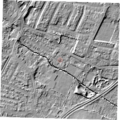 Shaded relief map of the ground around N99JY, computed from Environment Agency LiDAR. The ground here sits at about 21 m above sea level and falls 10 m across the surrounding 800 m. Surface water reaching this point runs off ground lying to the north-north-west, 6.0 m higher.