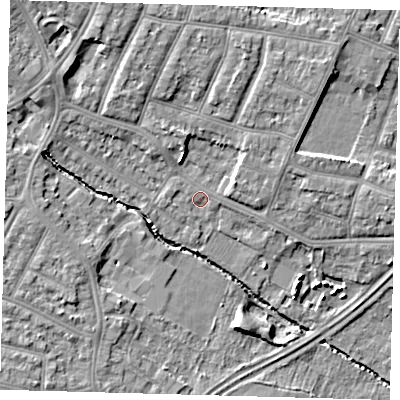 Shaded relief map of the ground around N99LA, computed from Environment Agency LiDAR. The ground here sits at about 21 m above sea level and falls 10 m across the surrounding 800 m. Surface water reaching this point runs off ground lying to the east-north-east, 3.0 m higher.