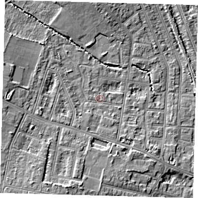 Shaded relief map of the ground around N99PG, computed from Environment Agency LiDAR. The ground here sits at about 17 m above sea level and falls 9 m across the surrounding 800 m. Surface water reaching this point runs off ground lying to the west-south-west, 6.2 m higher.