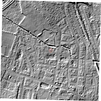 Shaded relief map of the ground around N99PH, computed from Environment Agency LiDAR. The ground here sits at about 17 m above sea level and falls 10 m across the surrounding 800 m. Surface water reaching this point runs off ground lying to the west, 1.3 m higher.