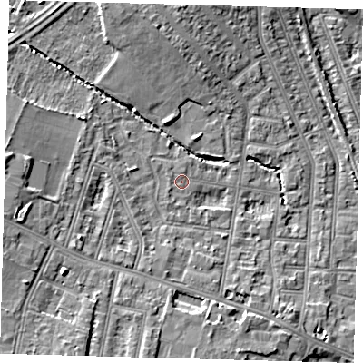 Shaded relief map of the ground around N99PJ, computed from Environment Agency LiDAR. The ground here sits at about 17 m above sea level and falls 9 m across the surrounding 800 m. Surface water reaching this point runs off ground lying to the west-north-west, 0.7 m higher.