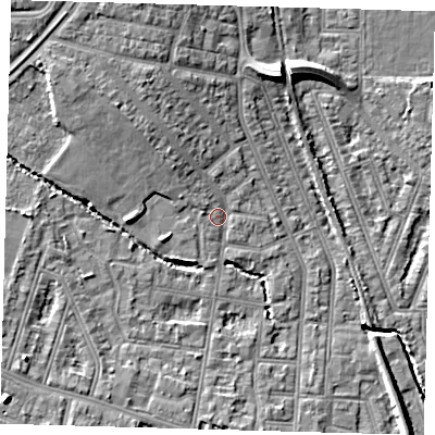 Shaded relief map of the ground around N99PL, computed from Environment Agency LiDAR. The ground here sits at about 17 m above sea level and falls 10 m across the surrounding 800 m. Surface water reaching this point runs off ground lying to the north-north-west, 6.5 m higher.