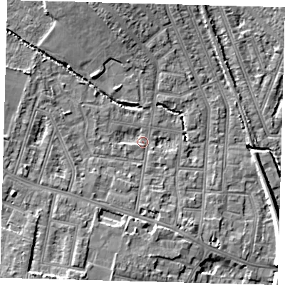 Shaded relief map of the ground around N99PQ, computed from Environment Agency LiDAR. The ground here sits at about 16 m above sea level and falls 10 m across the surrounding 800 m. Surface water reaching this point runs off ground lying to the north-north-west, 6.2 m higher.